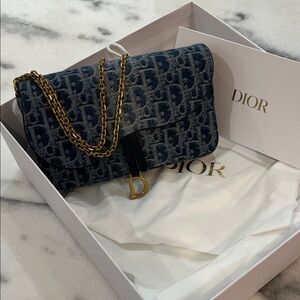 Dior Navy Monogram Clutch with Gold Chain